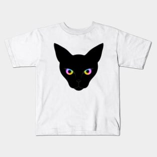 Striking Black Cat Face with Multi Coloured Eyes Kids T-Shirt